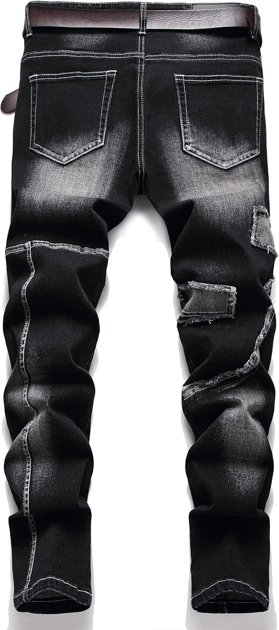 XIMXIMMTIAN Men's Biker Moto Washed Distressed Slim Fit Straight Jeans Denim