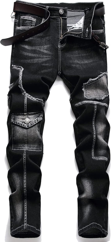 XIMXIMMTIAN Men's Biker Moto Washed Distressed Slim Fit Straight Jeans Denim